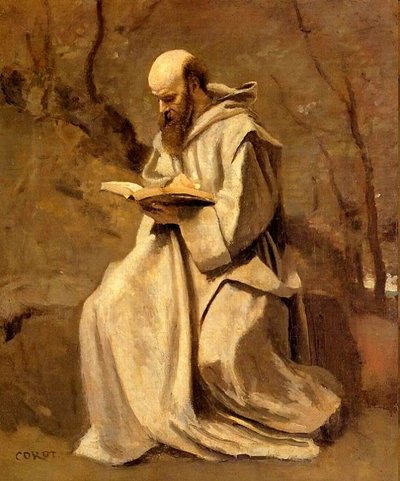Monk Reading Book by Jean Baptiste Camille Corot